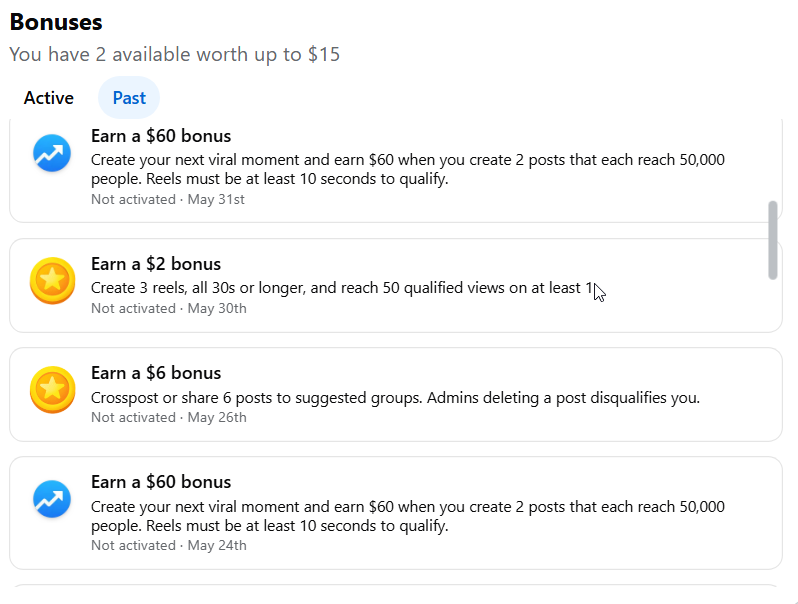 Facebook Creator Bonuses — earn a $60 bonus for 2 posts that each reach 50,000 people